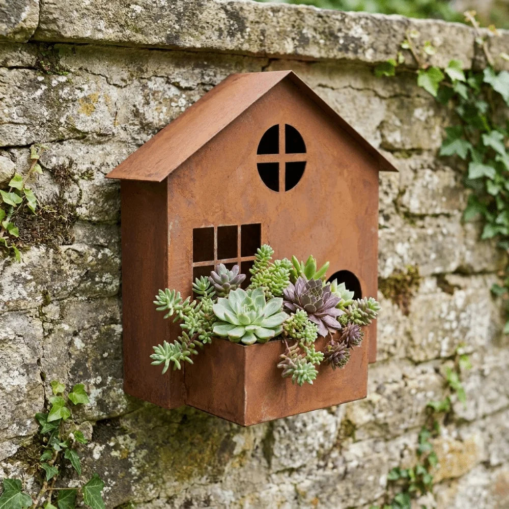 Iron Rusted House Flower Pot Decorative Wall Mounted Hanging Flower Pot Wear-resistant Succulent Planter Garden Decoration Vue