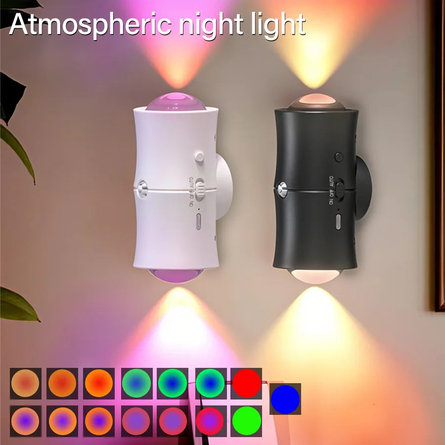 RGB Sunset Led Night Light with Motion Sensor Rechargeable Wireless Wall Lamp Double-head Magnetic Spotlight for Hallway Stairs Vue