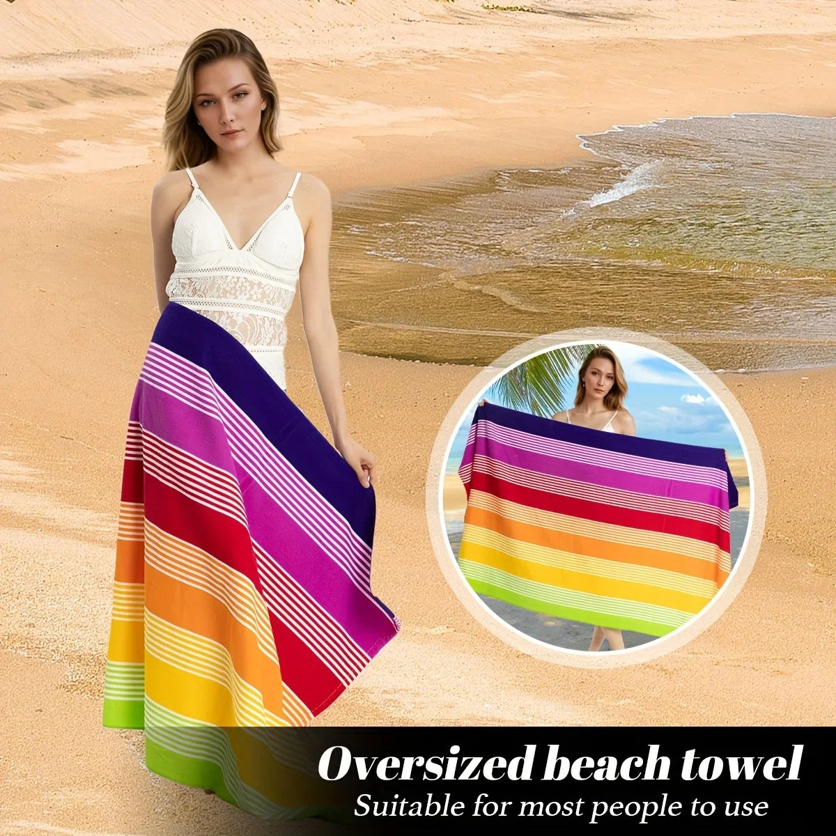 Oversized Beach Towel 280g/㎡ Microfiber, Rainbow Quick-Dry for Pool Travel, Tropical Design, Fade-Resistant & Washable Vue