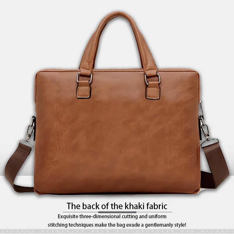 Fashion Vintage Business Handbag Multi-zip Pocket Leather Briefcase