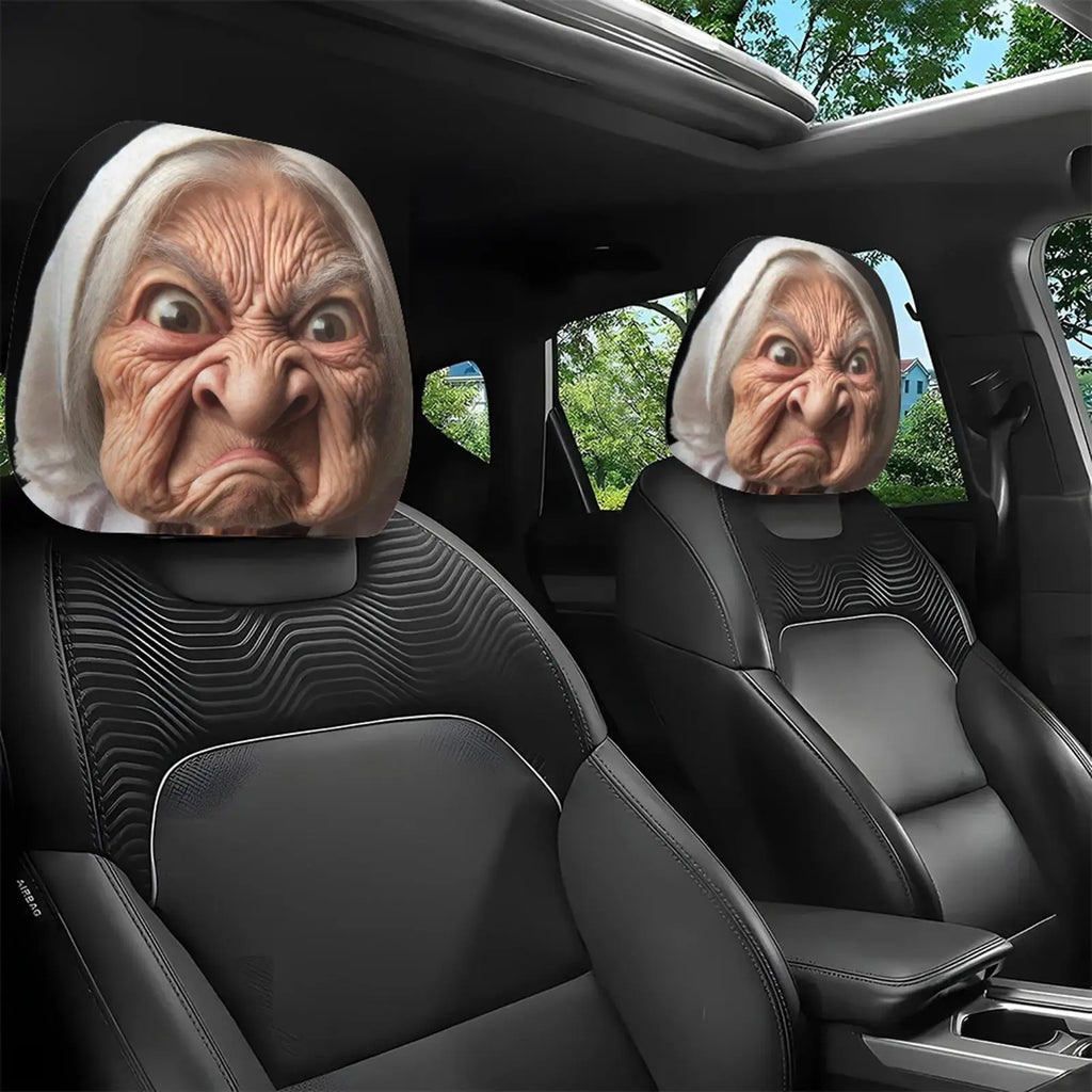 Funny Headrest Covers 2 Pieces Granny Face Print Elastic Universal Fit for Car SUV Sedan Truck Driving Road Trip Daily Commute Vue
