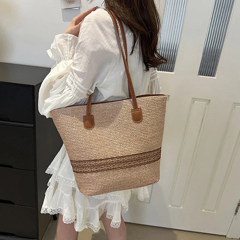 Women's Large Capacity Shoulder Bag Summer Straw Woven Basket Handbag
