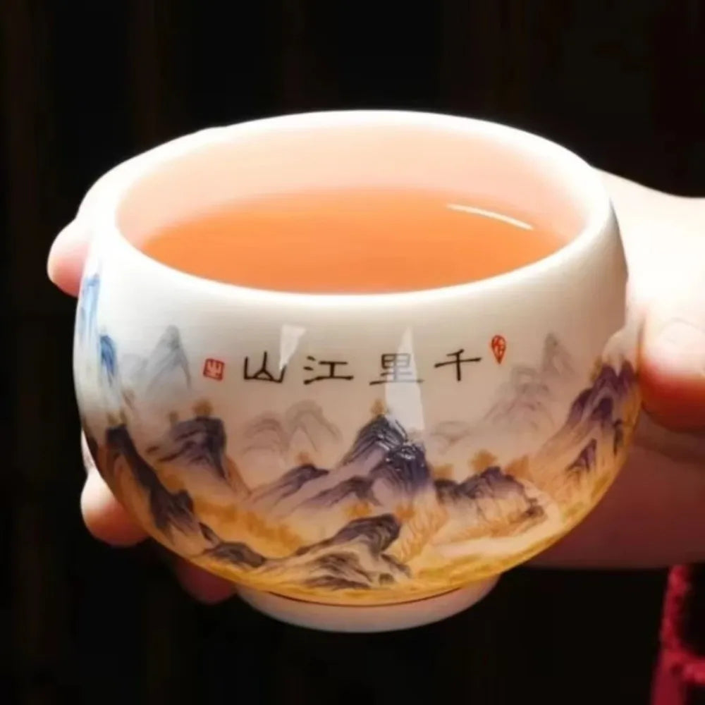 Tradition Landscape Painting Ceramic Teacup 180ml Exquisite Tea Cup Vintage White Porcelain Master Cup Zen Meditation Vue