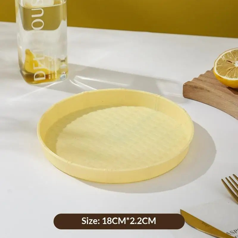 Bamboo Woven Circular Disc Dinner Plate Fruit Snack Trays Breakfast Vue Pink