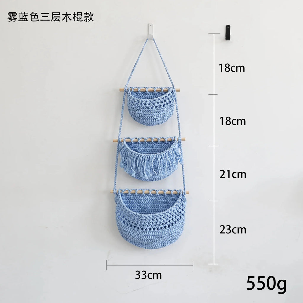 Cotton Rope Hanging Storage Rack 3 Tier Wall Basket Door Organizer For Small Spaces Boho Shelf For Dorm Room Kids Space Saving Vue A1