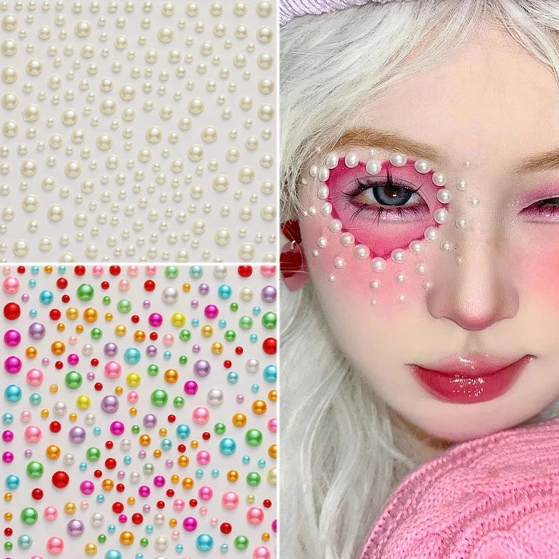 1 Sheet 3D Coloful Pearl Eyes Face Tattoo Self Adhesive Face Gem Jewels Eyeshadow Stickers Round Pearls Makeup Rhinestones Vue