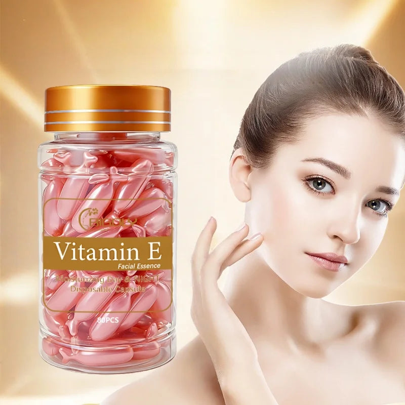 80 Capsules of Vitamin E Facial Essence, Day and Night Moisturizing, Deeply Hydrating, Leaving Skin Soft and Supple, Pink Capsule Packaging, Safe and Hygienic, Easy to Carry Vue