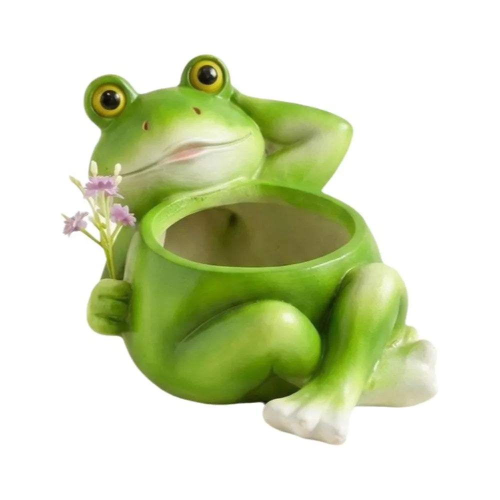 Flower Planter Resin Frog Flower Pot Cartoon with Drainage Hole Plant Holder Decorative Lying Frog Figurine Garden Vue Resin