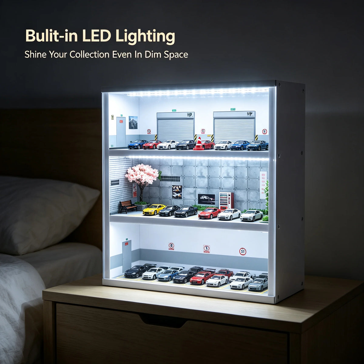 3-Tier LED Garage Display Case for 1:64 Model Cars | 16 Spaces Model Car Display Case Vue