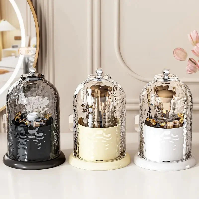 Makeup Brush Holder with Slide Lid 360 Rotating Clear Dustproof Skincare Cosmetic Tools Storage Organizer Box with Brush Slots Vue