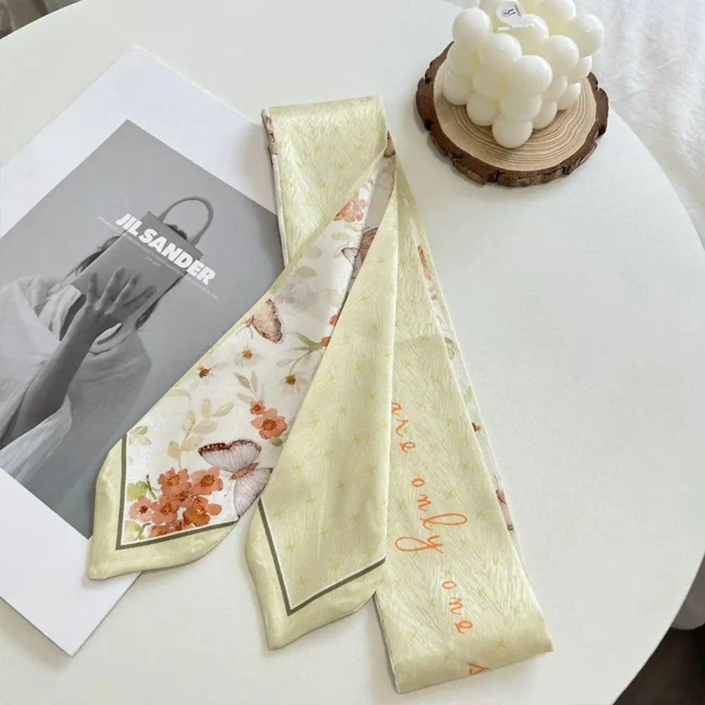 Versatile Fresh Floral Satin Silk Ribbon Scarf Women Summer Long Thin