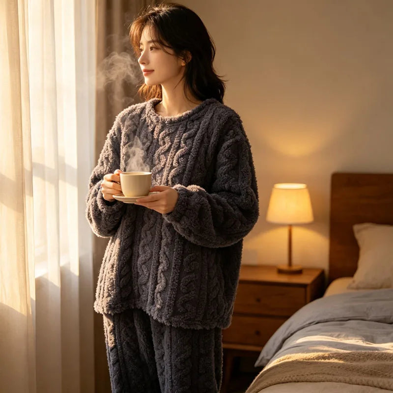 Womens Winter Coral Fleece Lounge Set Solid Color Jacquard Knit Pajama Suit Long Sleeve Top and Pants Warm Sleepwear Vue