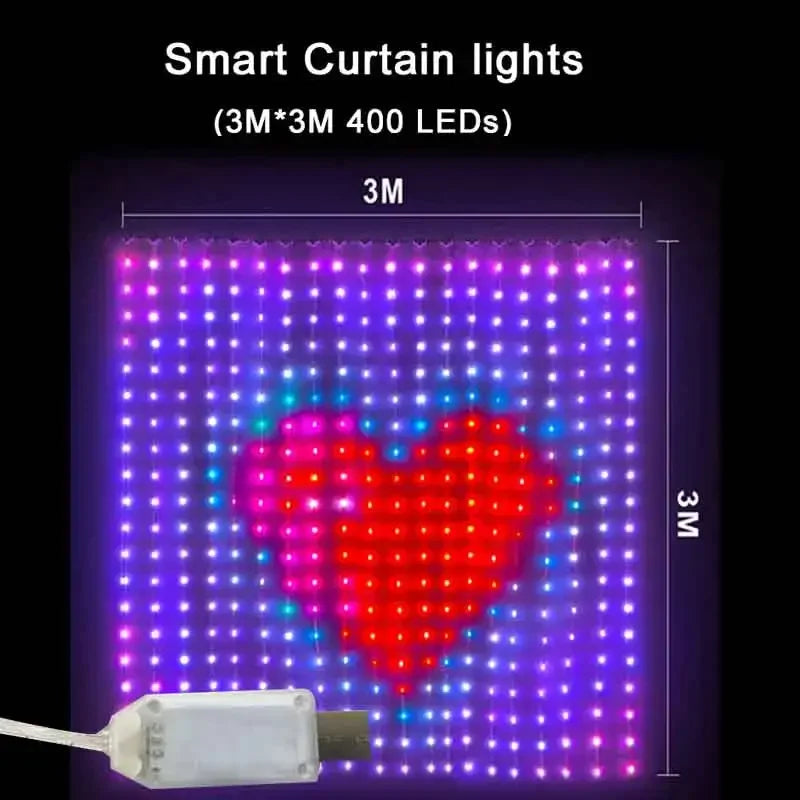 USB Led Smart Curtain Lights Bluetooth App Led String RGB Fairy Lights DIY Music Lights Party Window Curtain Bedroom Decoration Vue USB-3x3m 400LEDs