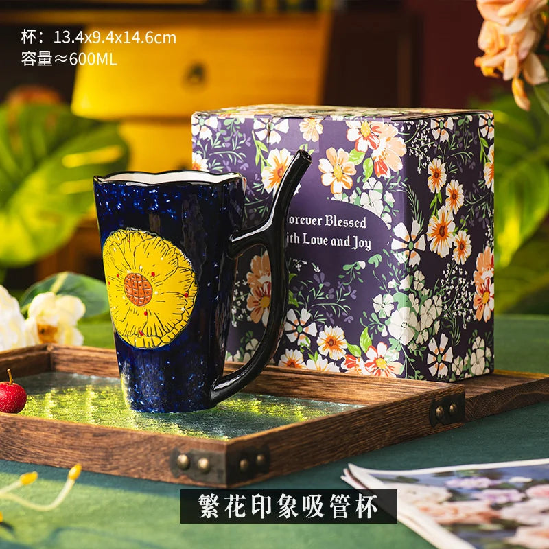 Hand Painted Ceramic Straw Mug Vintage Breakfast Coffee Cup Stylish Romantic Mug For Home Kitchen Office Desk Gift For Couples Vue A4