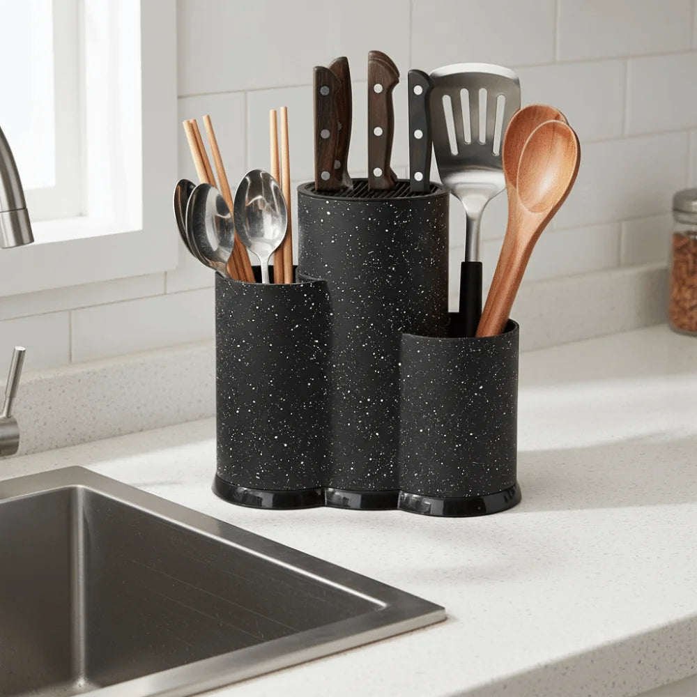 Modern Style 3 Tube Kitchen Cutter Holder Non-slip Base Detachable Kitchens Utensil Rack Plastic Large Capacity Cutter Shelf Vue