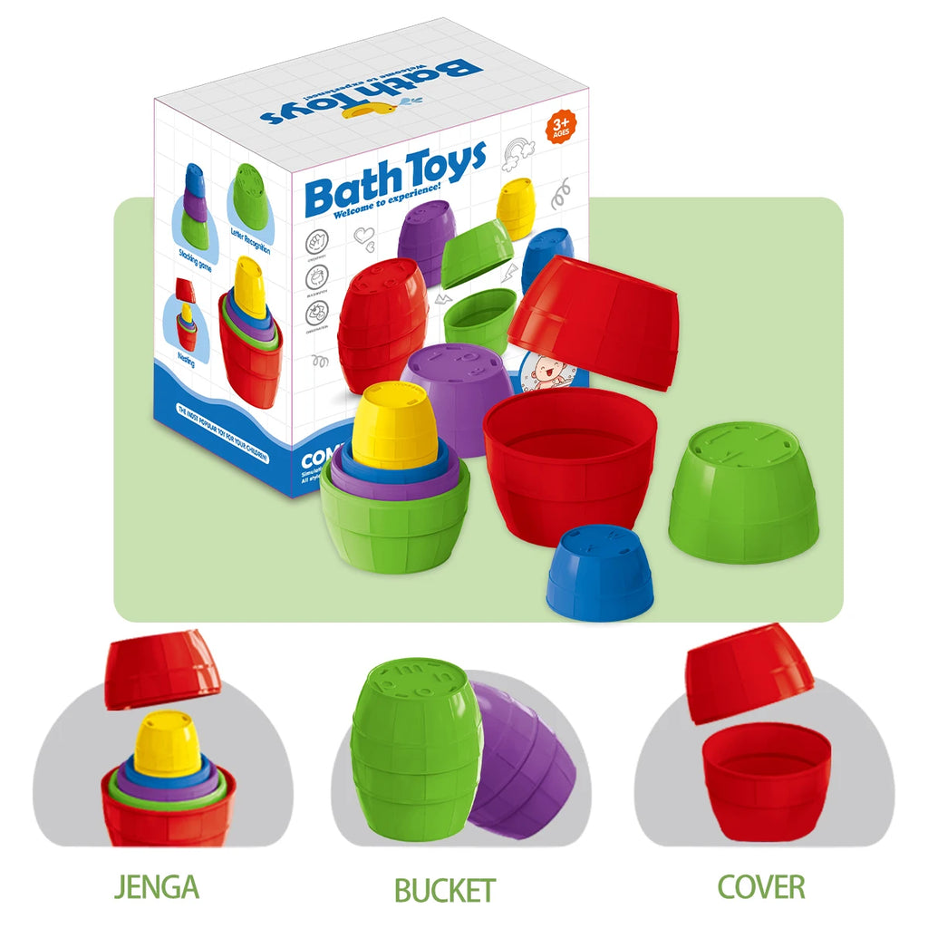 Toddler Stacking Bath Toys, Random Colors Cups Basket Summer Water Bathroom Beach Game Gifts for Boys and Girls Some Part Random Vue Red