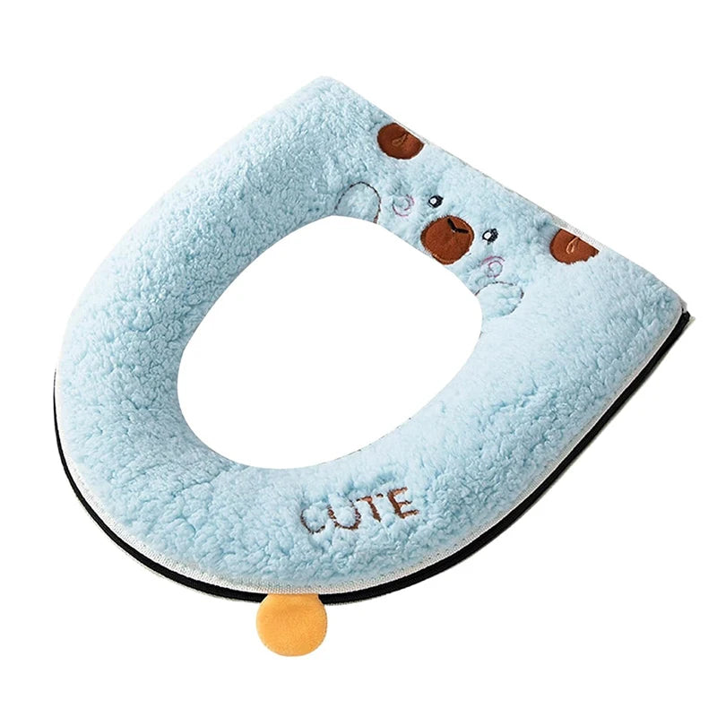 Winter Warm Toilet Seat Cover With Cartoon Bear Pattern Thicken Cushion Bathroom Essential Kids Friendly Cartoon Cover Vue Blue