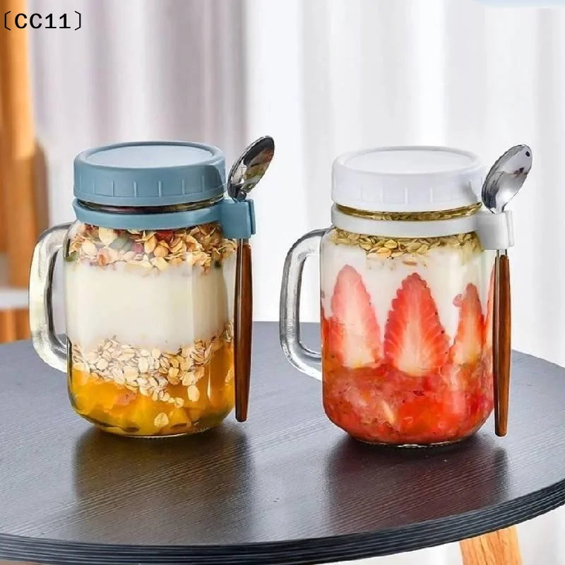Overnight Oats Containers Handle Lid Spoon Glass Oatmeal Jars Cereal