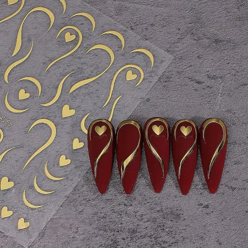 3D Gold French Lines & Love Heart Nails Stickers Luxury Heart Curve Line Ribbon French Nail Decals DIY Elegant Nail Decorations Vue