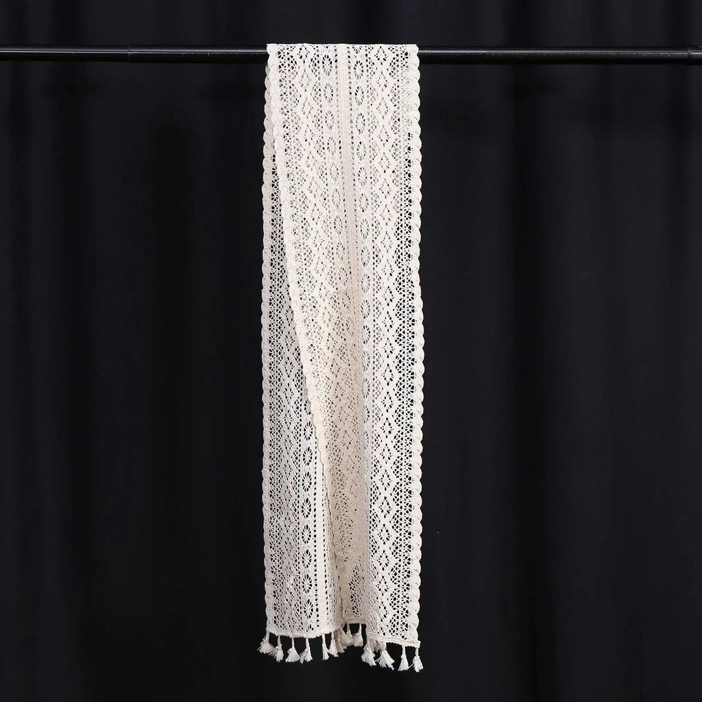 ABKW-4X Elegant Cream Crochet Lace Macrame Table Runner With Tassels For Rustic Wedding Decoration And Farmhouse Table Decor Vue Beige