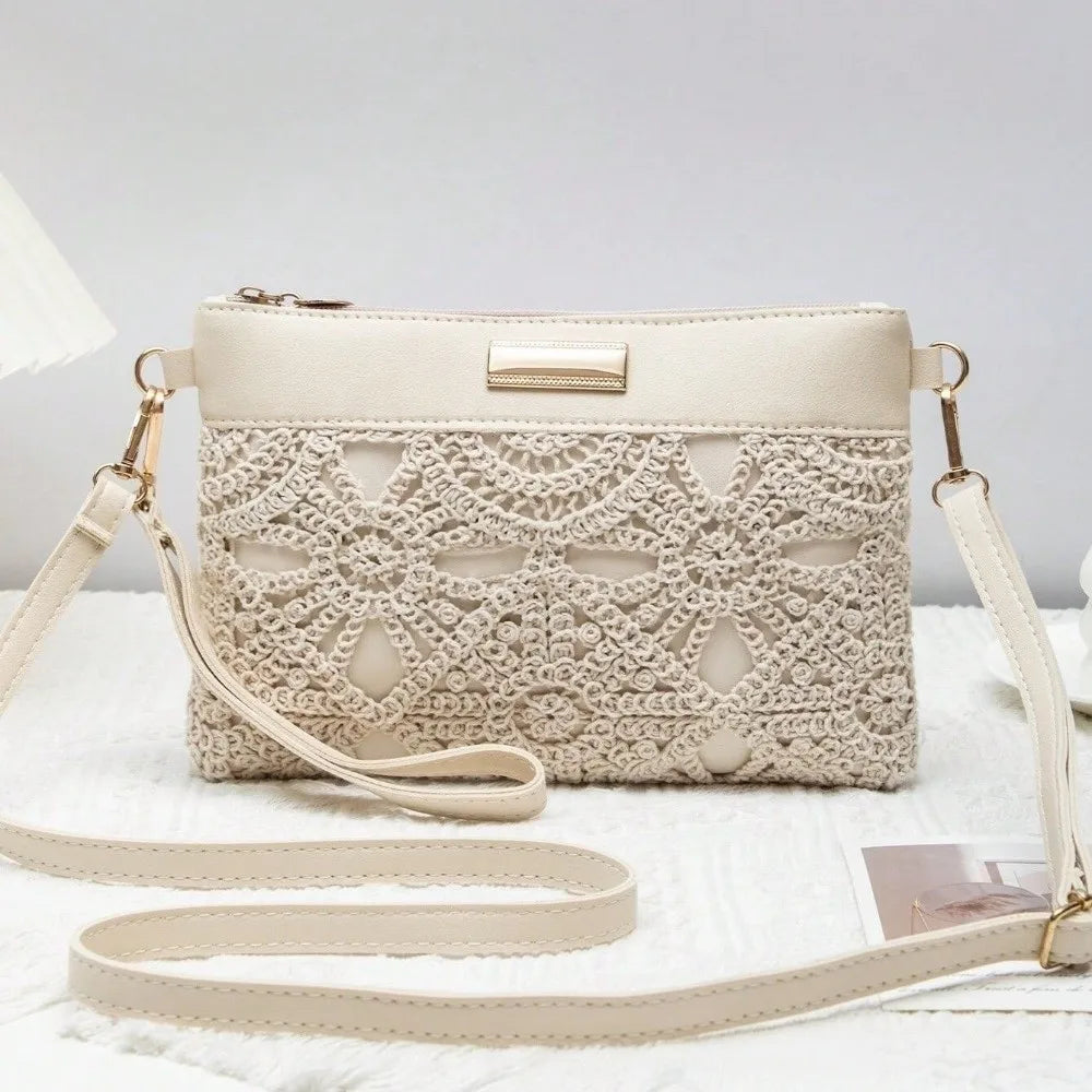 Bohemian Hollow Woven Bag Lace Decor PU Leather Summer Beach Zipper Vue