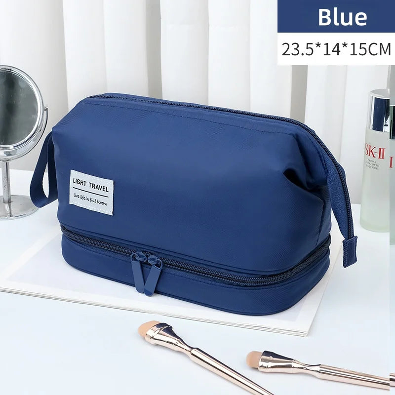 Large Capacity Cosmetic Bag Double Layer Toiletry Bag Makeup Organizer Toiletry Travel Bag Portable Travel Essentials Vue Blue