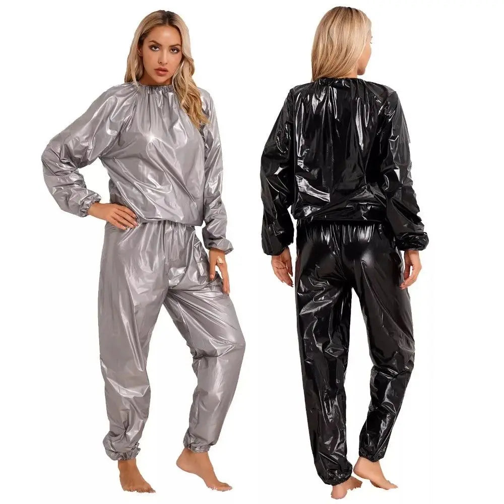 Sport Suit Men Women PVC Sauna Suit Elastic Waist Weight Loss Summer Men's Top Pants Set Casual Sweat Suit Fitness Clothing Vue