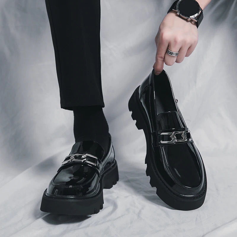 Men's Patent Leather Slip-On Loafers | Thick Sole Dress Shoes Men's Dress Loafers Vue