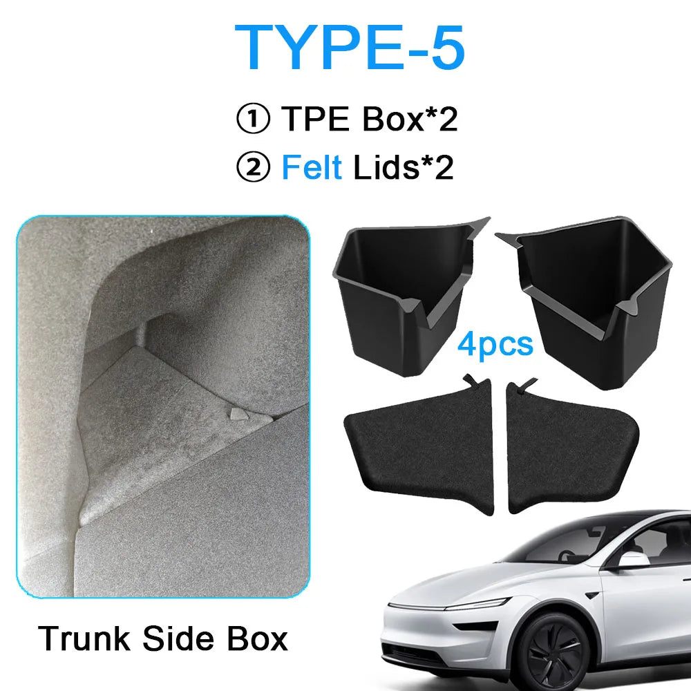For Tesla Model Y Juniper Trunk Organizer Side Storage Box Bin Organizer Flocked TPE Mat Anti-dirty 2025 2026 Travel Accessories Vue Type-5