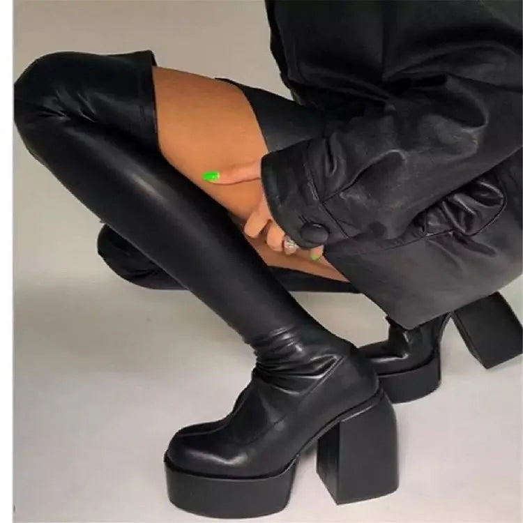 Women's Square Toe Block Heel Platform Boots | Black Platform Heel Boots Vue long boot 40 China Mainland