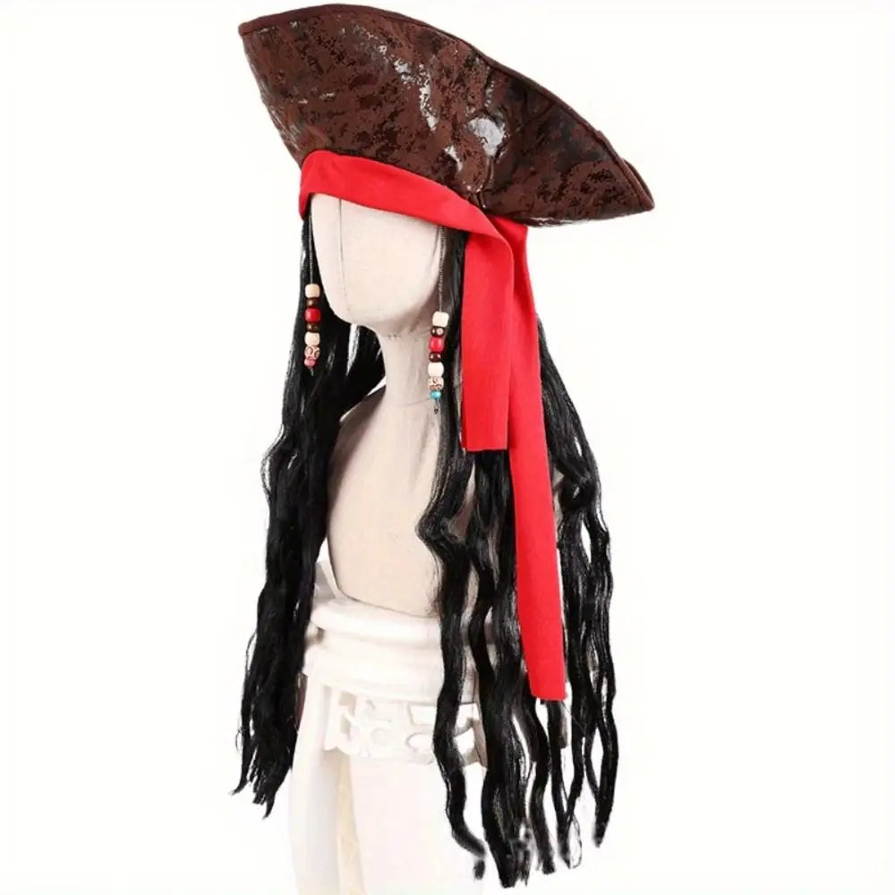 Masquerade Curly Hair Pirate Hat Stage Performance Synthetic Fibers Captain Cos Wig Role Play Black Long Cosplay Wig Halloween Vue