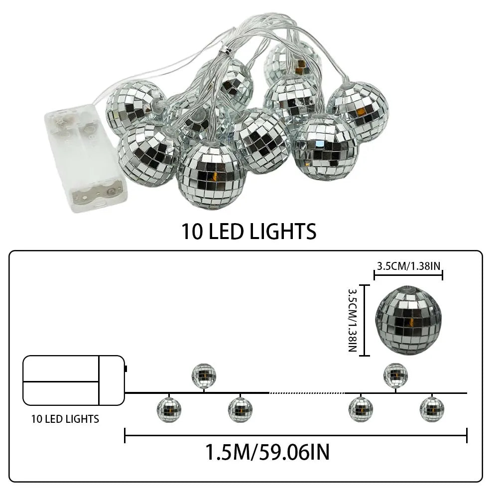 1PC 1.5M10LED Mirror Ball String Lights - Battery-Powered, for Bar Parties, Disco Holiday Ambiance Halloween Chrismas Decor Vue