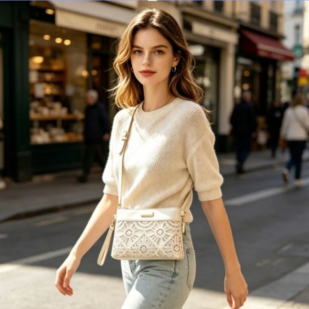 Bohemian Hollow Woven Bag Lace Decor PU Leather Summer Beach Zipper Vue