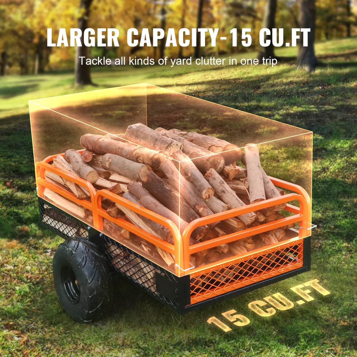 Heavy Duty ATV Tow Behind Dump Cart – 1500 lb, 15 cu.ft Steel Tow Behind Dump Cart Vue