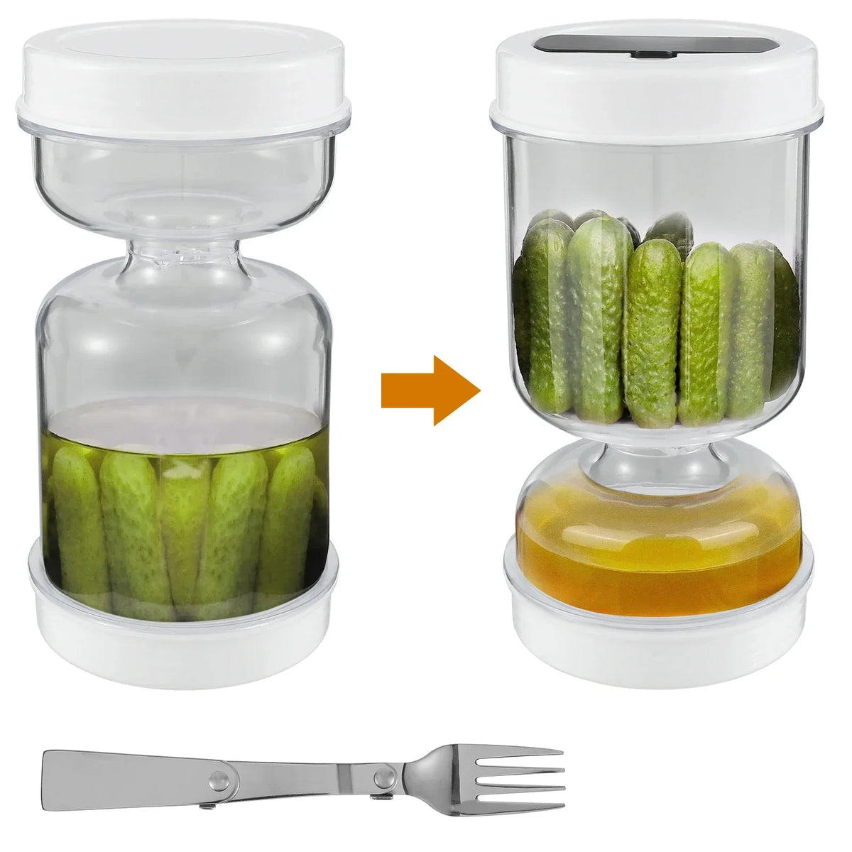 Pickle Container Wet and Dry Separation Pickle Olive Jar with Fork Leakproof Airtight Food Storage Upside Down Pickle Container Vue