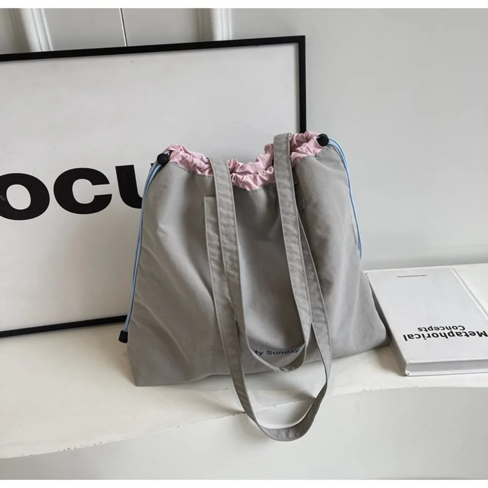 Large Capacity Tote Bag Canvas Lightweight Shoulder Drawstring Women