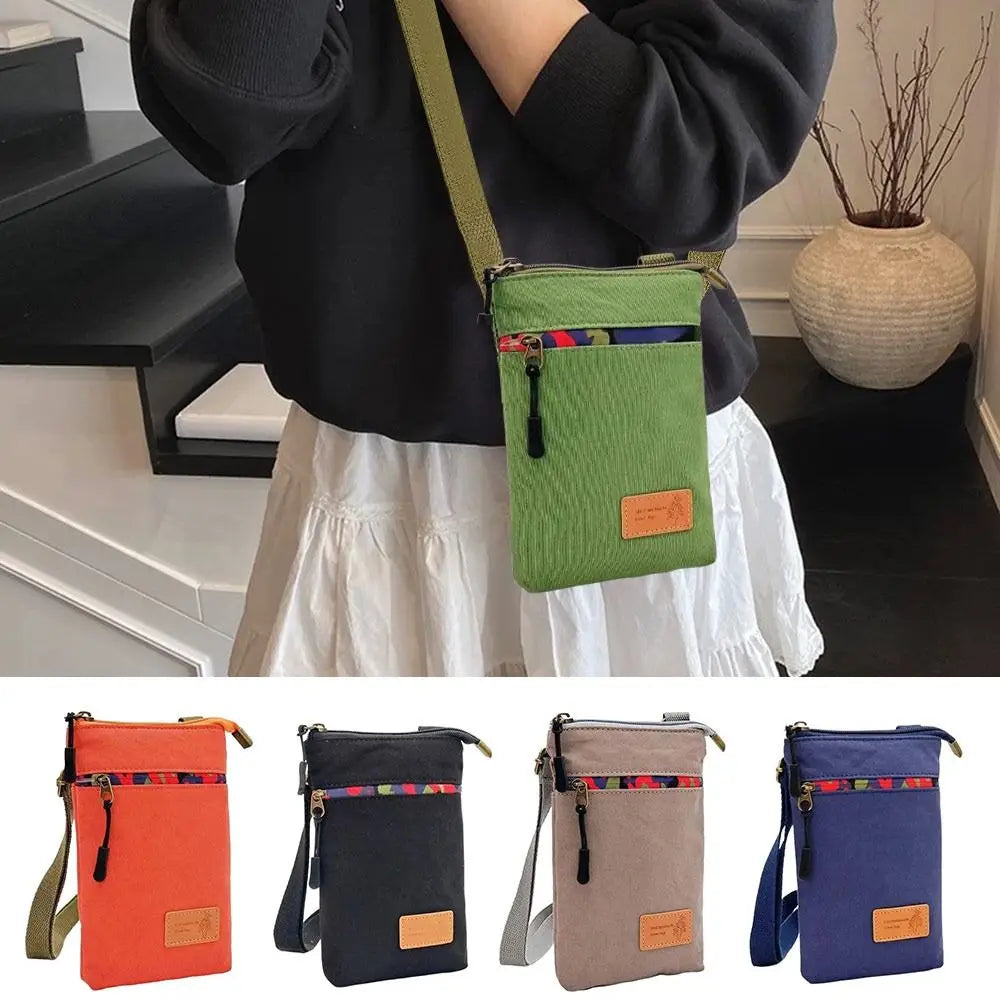 Solid Canvas 3 Layer Crossbody Cell Phone Bag Simple Cloth Women's
