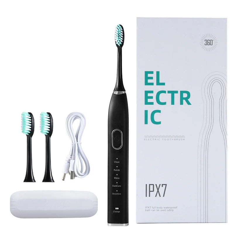 Adults Ultrasonic Electric Sonic Toothbrush Rechargeable 5 Modes Electronic Toothbrush Smart Timer with Replace Heads Travel Box Vue black 3heads 1box