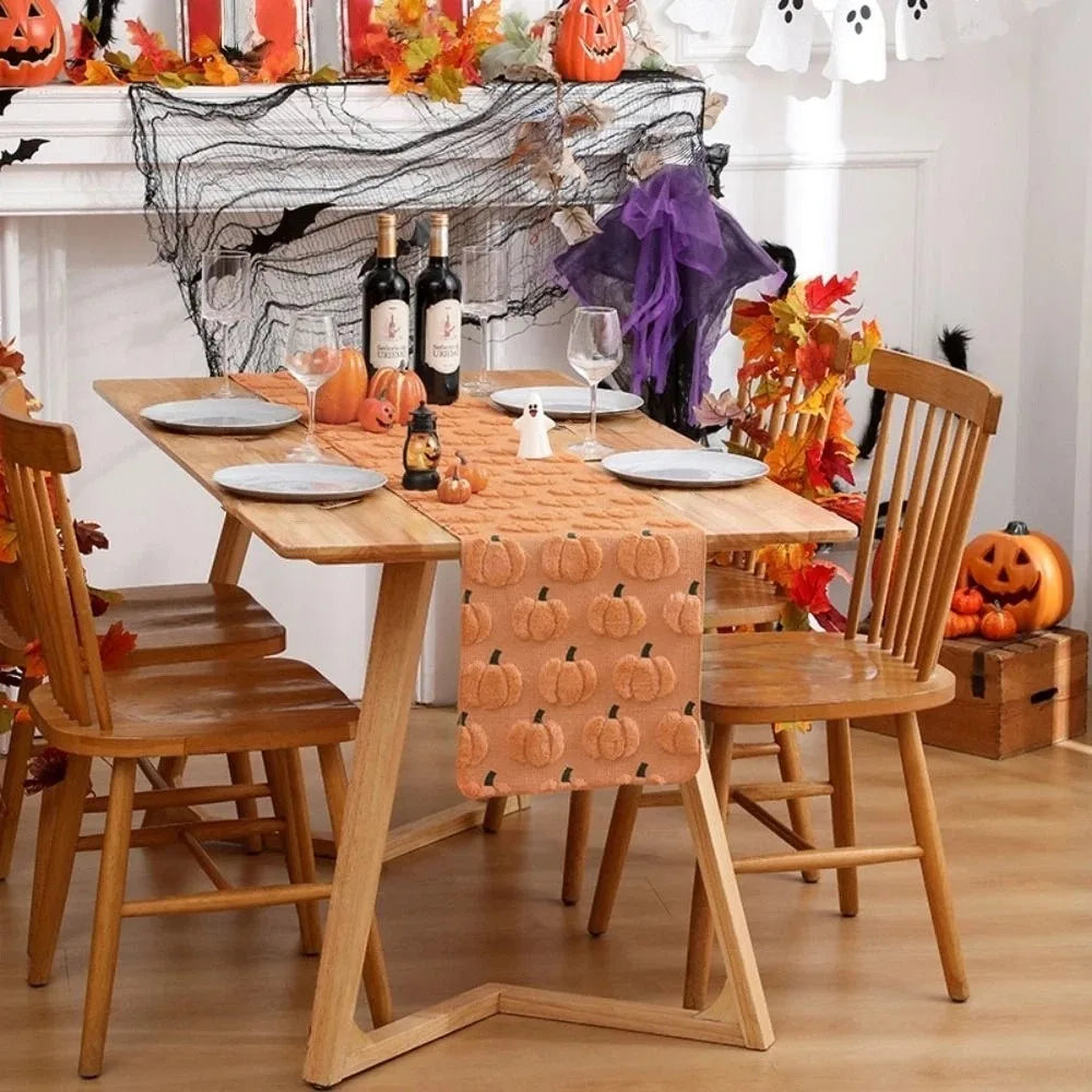 Comfortable Halloween Table Runner Soft Texture Rectangular Pumpkin Table Cover Long Creative 3D Tufting Dining Tablecloth Vue Light Orange