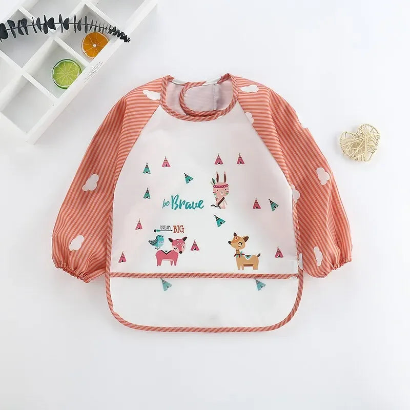 Baby Bib Burp Clothes Eating Smock Infant Toddler 1Pcs Baby Cartoon Long Sleeve Waterproof Art Apron Animal Smock Soft Vue B31 Fox 0-3Years old