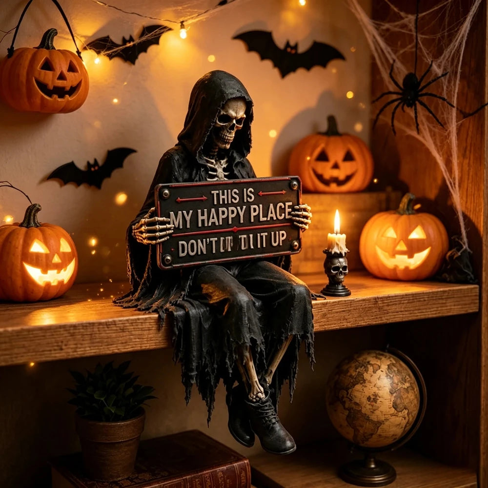 Grim Reaper Skeleton Shelf Sitter Statue | Gothic Halloween Decor Resin Shelf Sitter Statue Vue