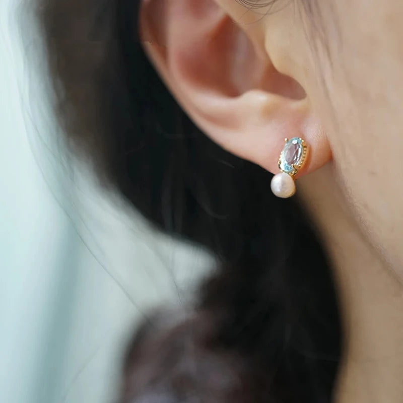 Huitan Sky Blue CZ & Pearl Stud Earrings for Women Pearl CZ Stud Earrings Vue