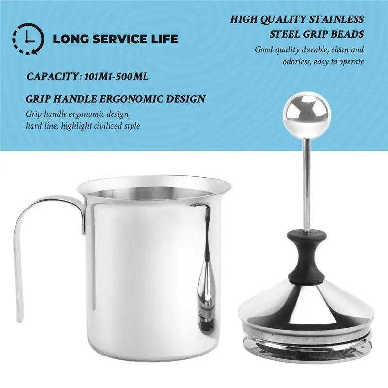 ABKW-Manual Milk French Press Coffee Maker Stainless Steel Hand Pump Milk Foamer Handheld Milk Jug Vue