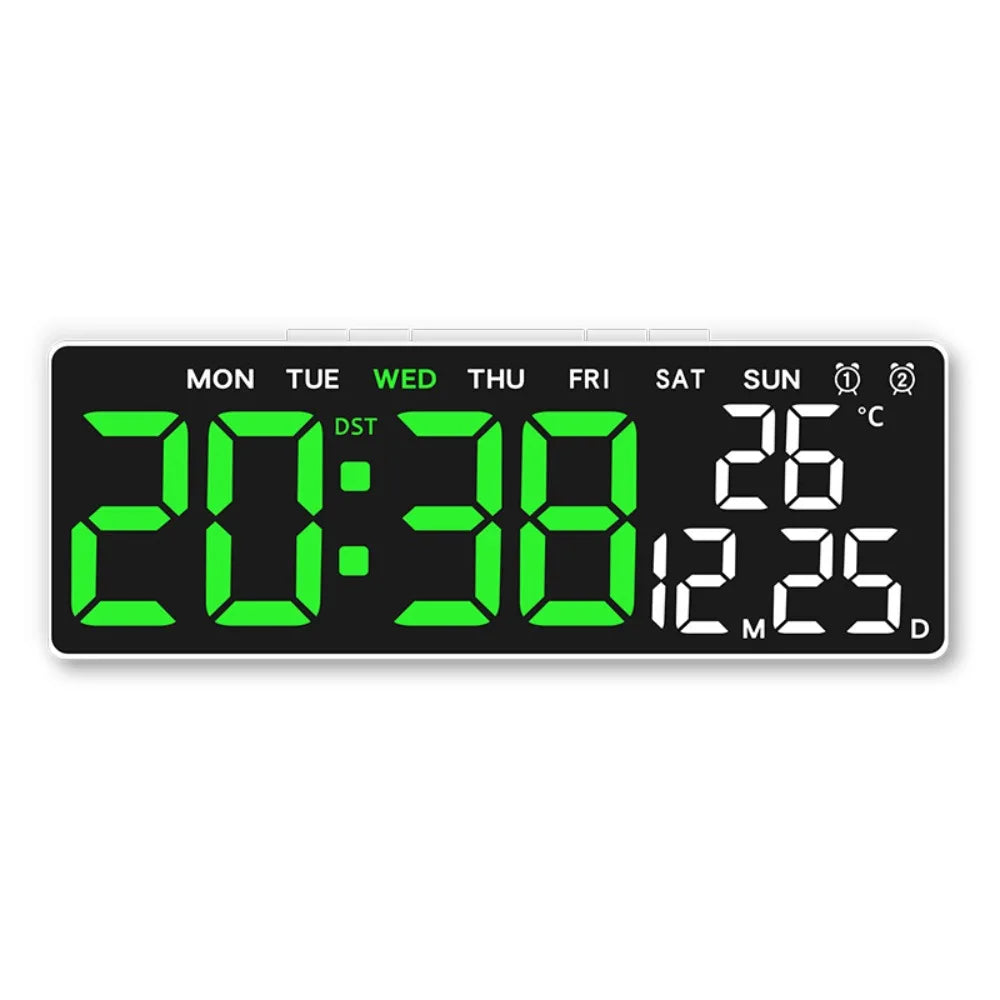 12/24H Format LED Electronic Clock 2 Alarms 3 Levels Brightness Alarm Clock Temperature Display Auto-Dimmer Large Digital Clock Vue White Green