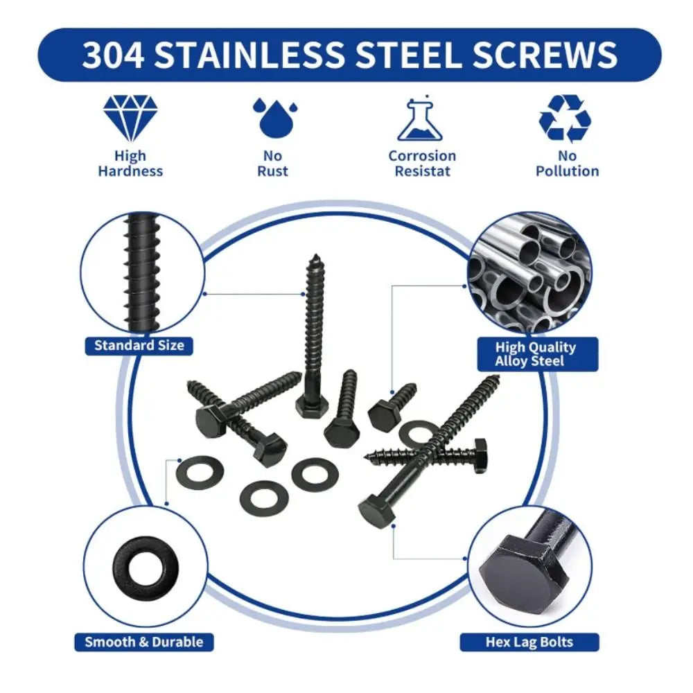 155pcs/box Black Finish 304 Stainless Steel Wood Screws High-Quality Material Clear Plastic Box Hex Head Wood Screws Vue