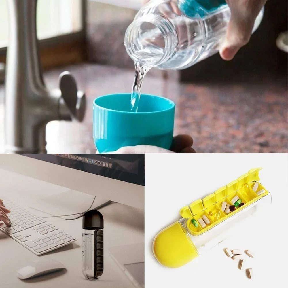 Portable Water Bottle With Built-in Pill Box for Medicines, Vitamins, Perfect for Outdoor, Gym, Fitness, Camping and Traveling Vue