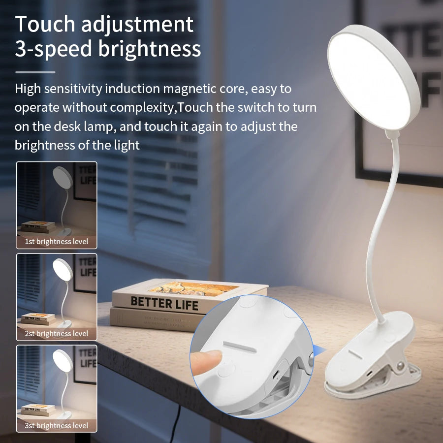 Portable Rechargeable Led Night Light Bedside Table Desk Lamp for Office Student Reading Book Eye Protection with Folding Clamp Vue
