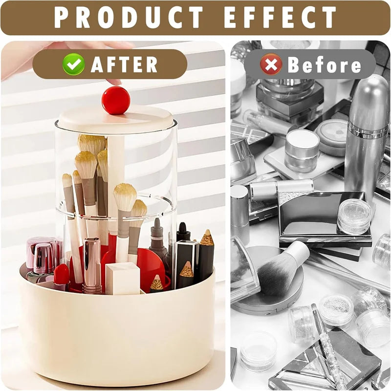 360° Rotating Makeup Brush Holder With Lid Automatic Lifting Dustproof Makeup Brushes Organizer Large Capacity Comestic Storage Vue