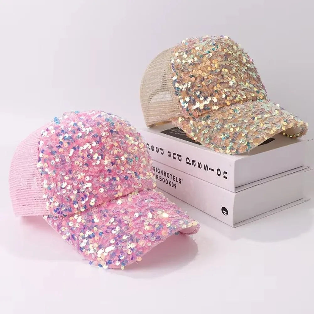 Fashion Breathable Shiny Sequin Baseball Cap Mesh Casual Women Sun