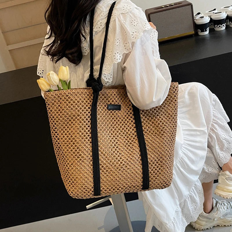 Summer Woven Straw Tote Bag Casual Beach Vacation Women Shoulder Bags